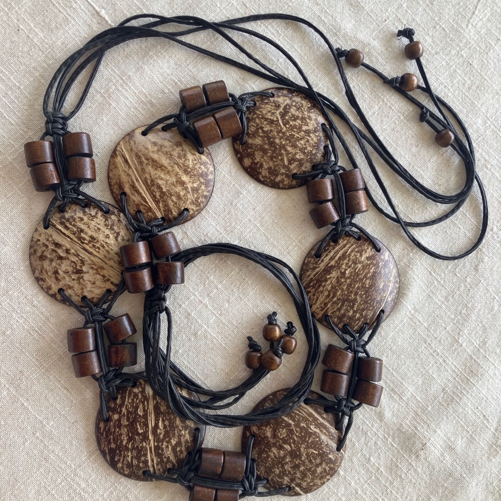 Coconut shell, wooden beads and leather tie Brown Belt with Rustic Charm